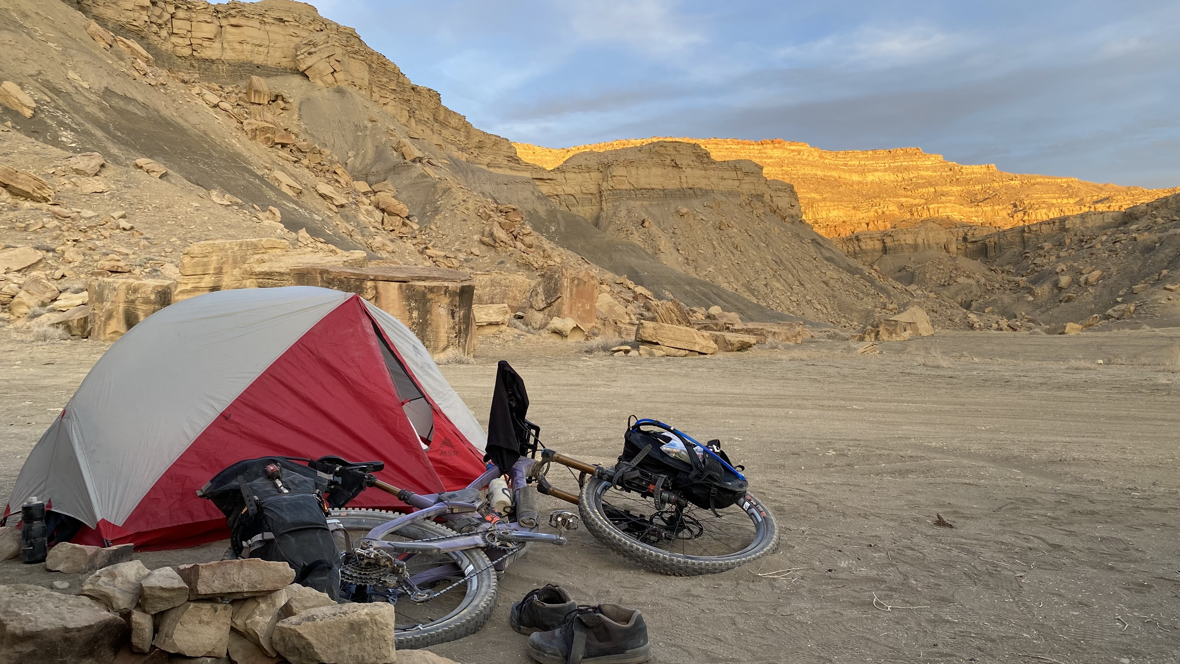 Bikepacking in the morning in the desert