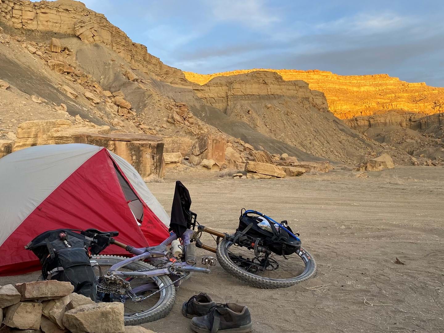 Bikepacking in the morning in the desert