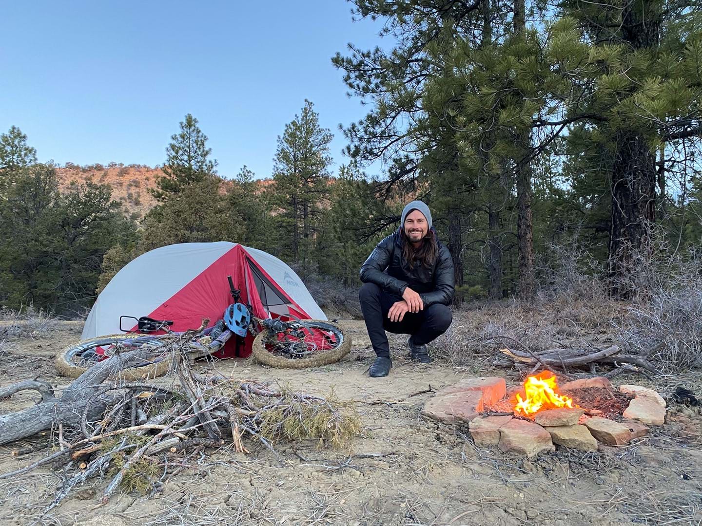 Cold camping spot with fire